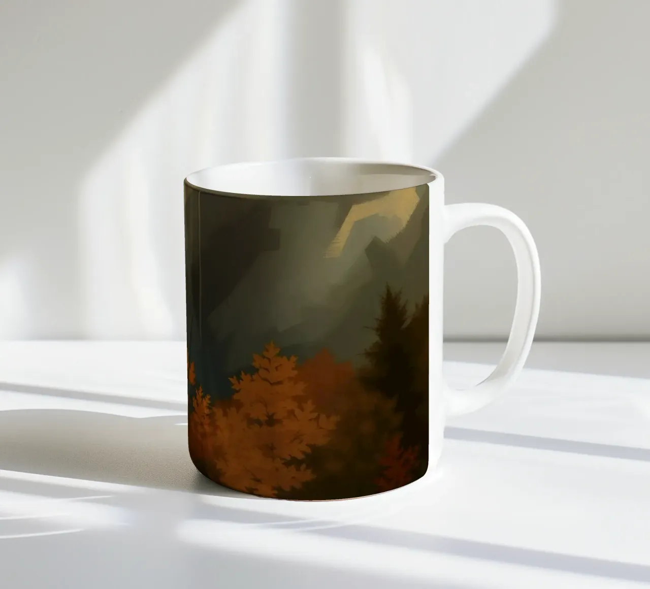 Golden autumn trees illuminated by a soft glow ceramic mug by DesignDoodle