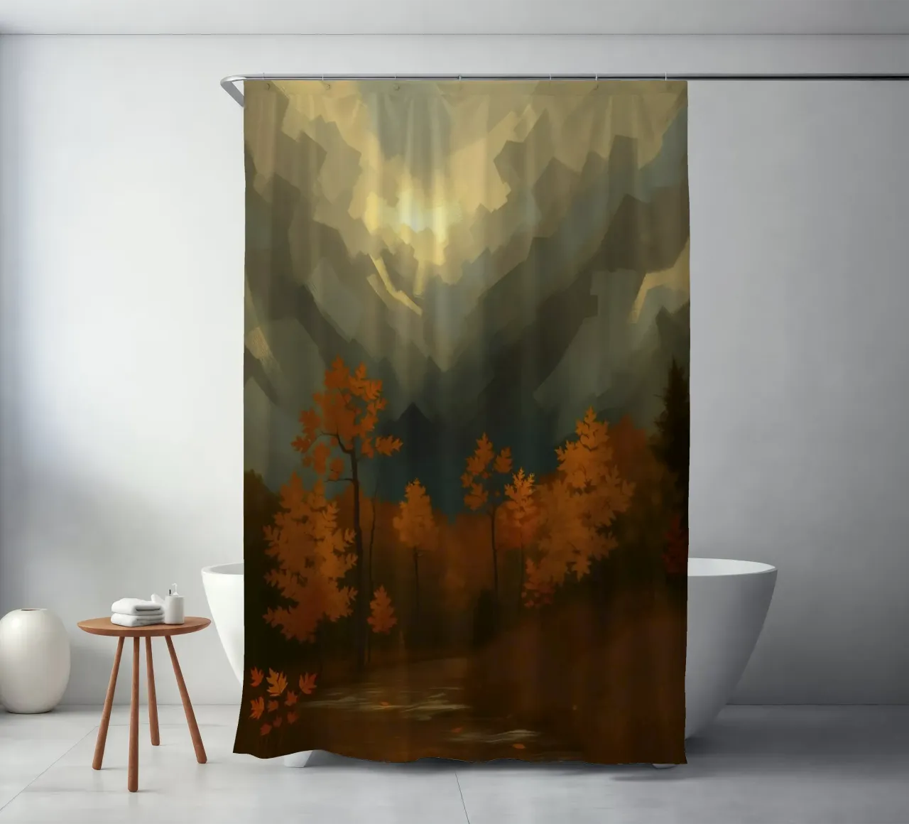 Golden autumn trees illuminated by a soft glow shower curtain by DesignDoodle