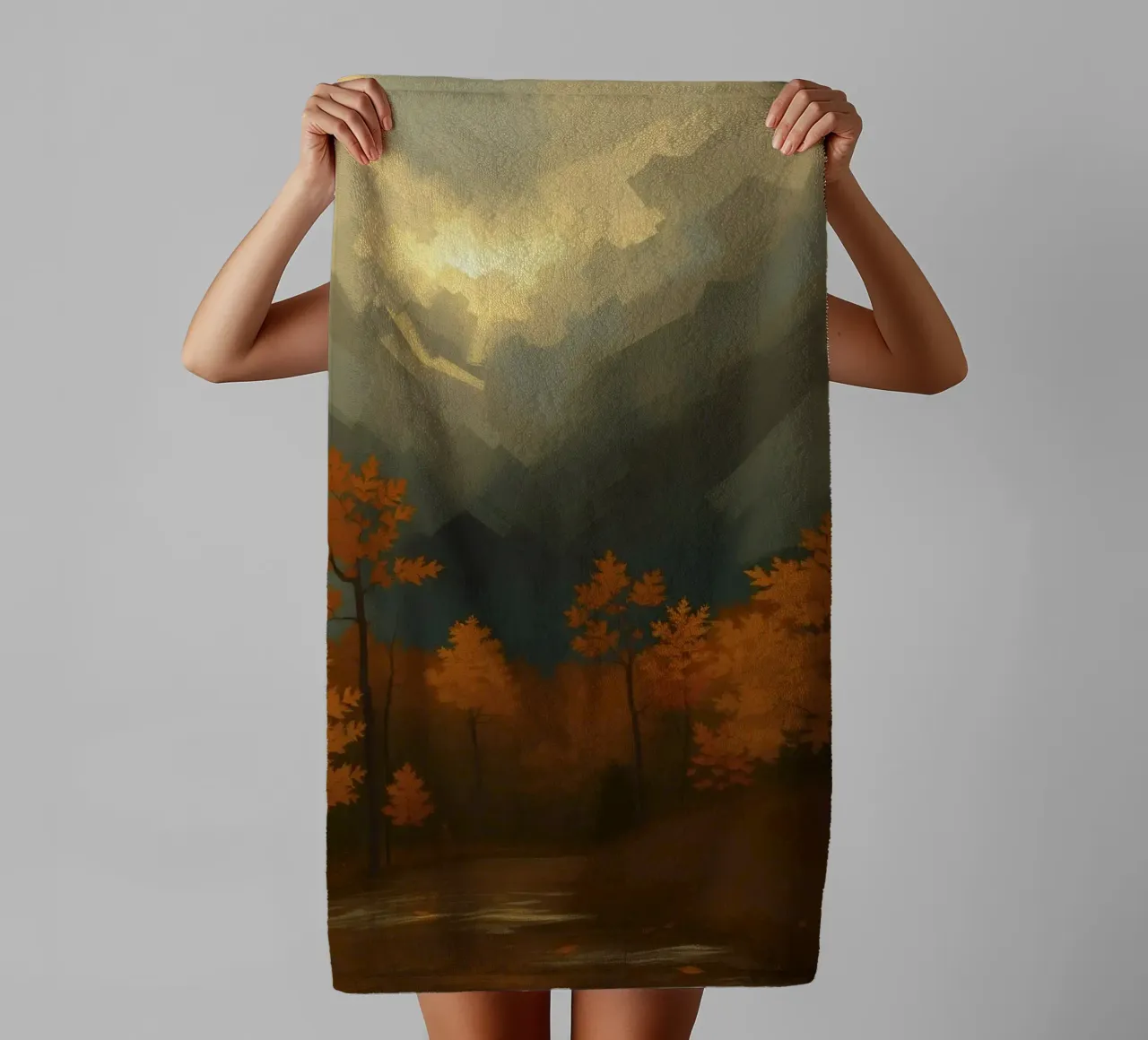 Arbres d'automne dorés illuminés par une douce lueur serviette de bain de DesignDoodle
