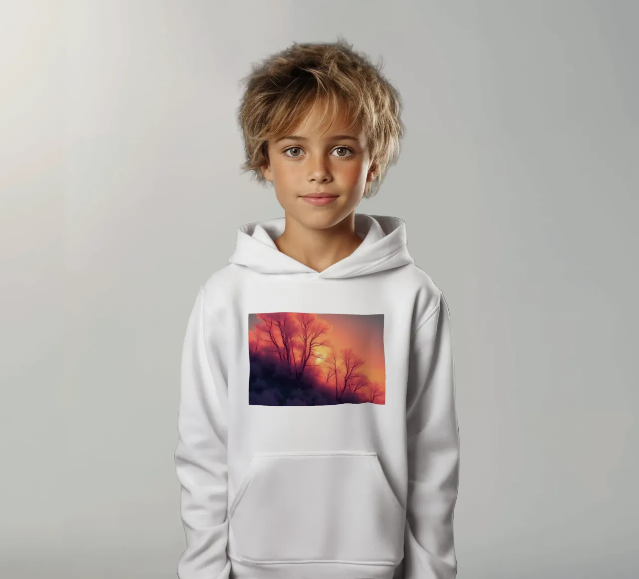 Winter sunset over frosted trees on a cold evening in a sere kids hoodie by DesignDoodle
