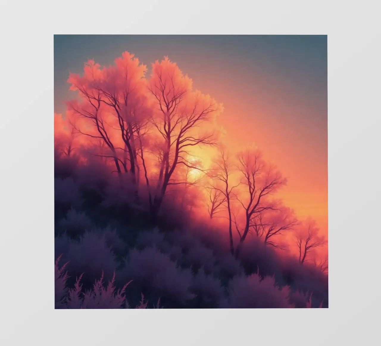 Tramonto invernale sugli alberi smerigliati in una serata fredda in un'area sere pellicola backlit da DesignDoodle