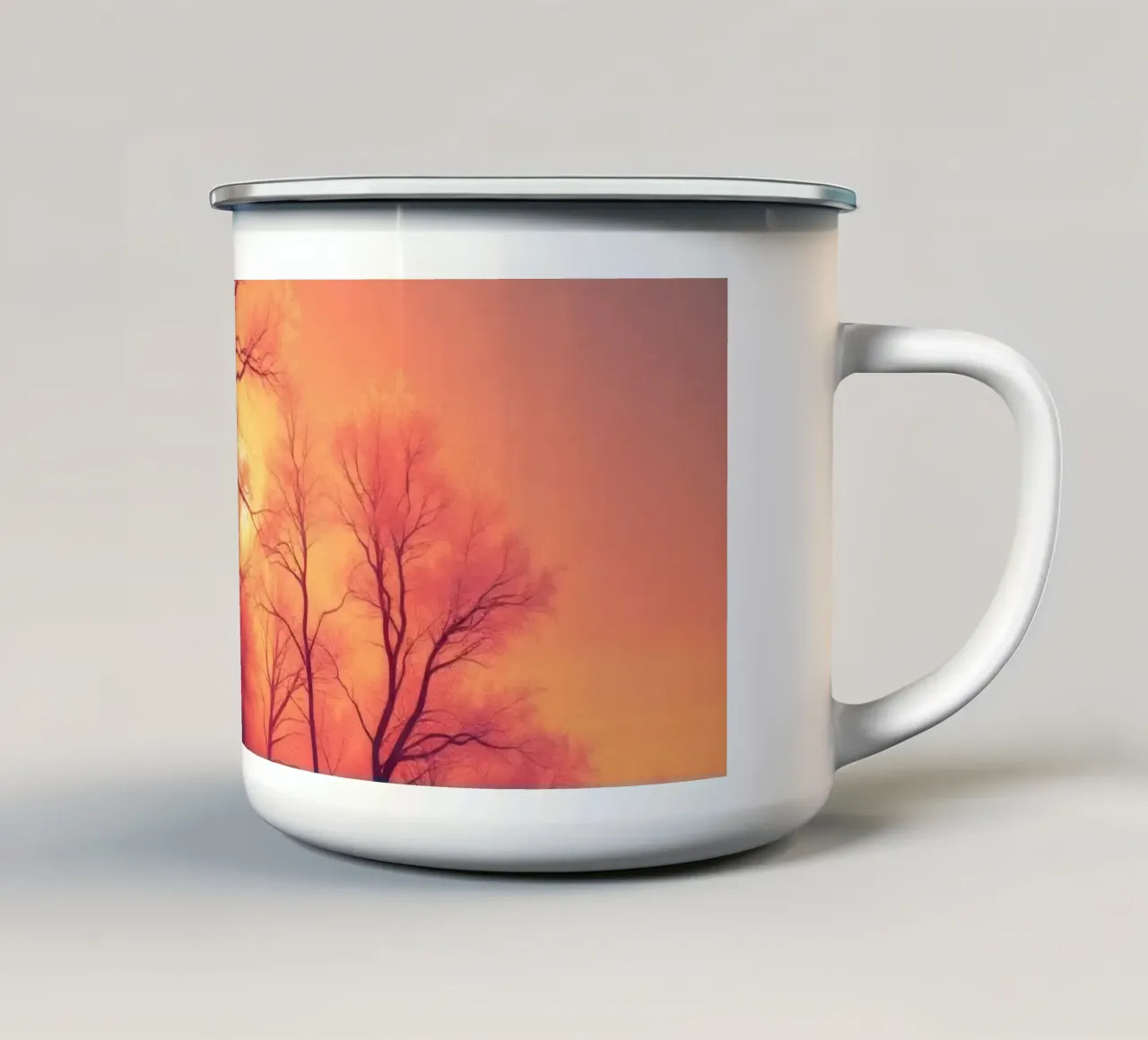 Tramonto invernale sugli alberi smerigliati in una serata fredda in un'area sere tazza in smalto da DesignDoodle