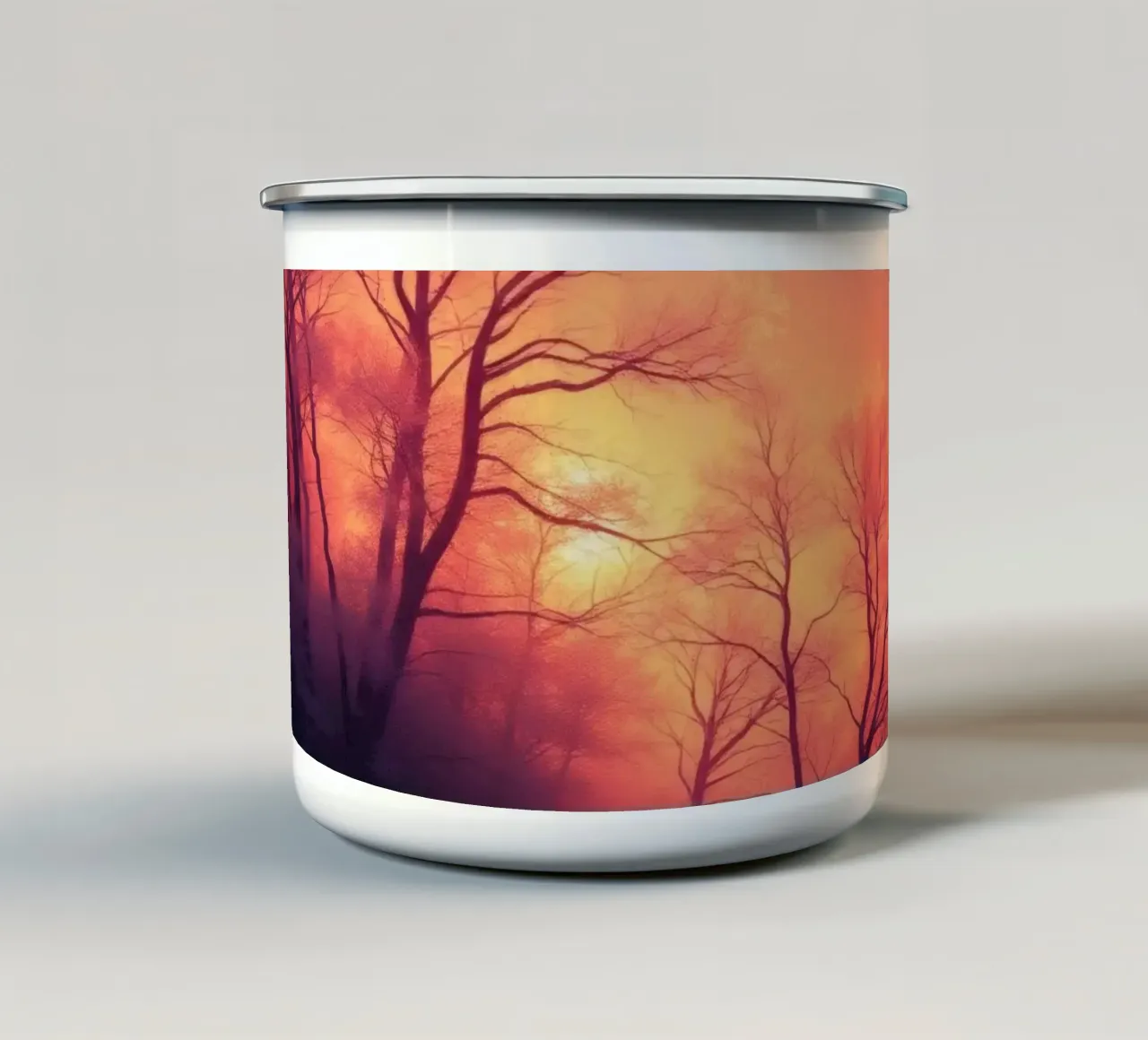 Tramonto invernale sugli alberi smerigliati in una serata fredda in un'area sere tazza in smalto da DesignDoodle