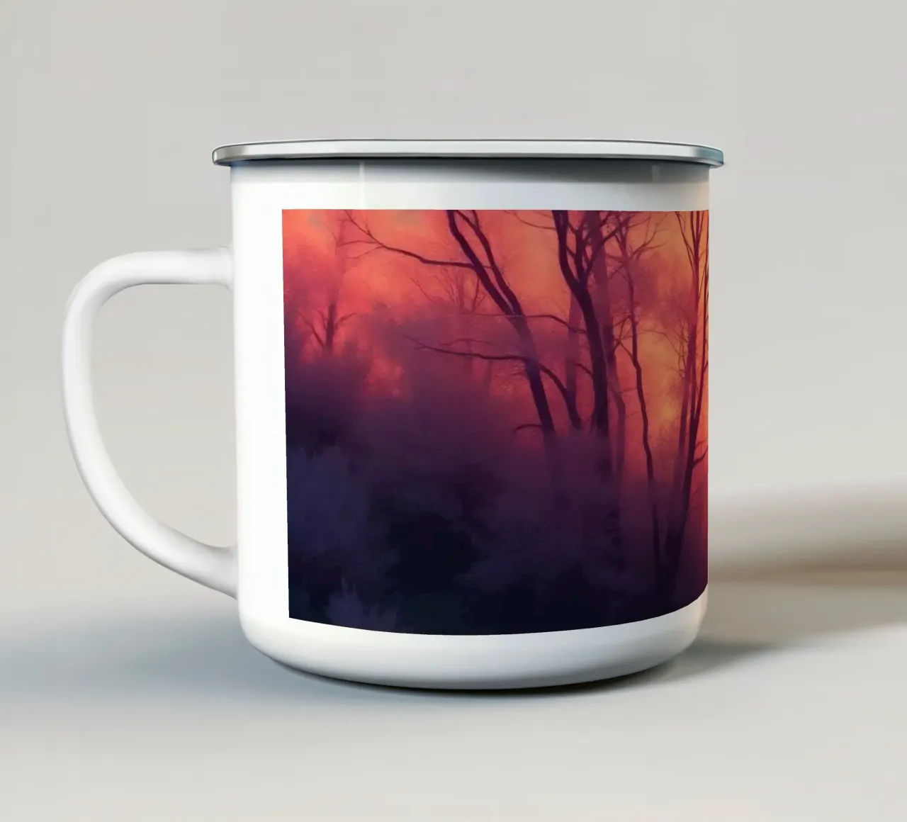 Tramonto invernale sugli alberi smerigliati in una serata fredda in un'area sere tazza in smalto da DesignDoodle