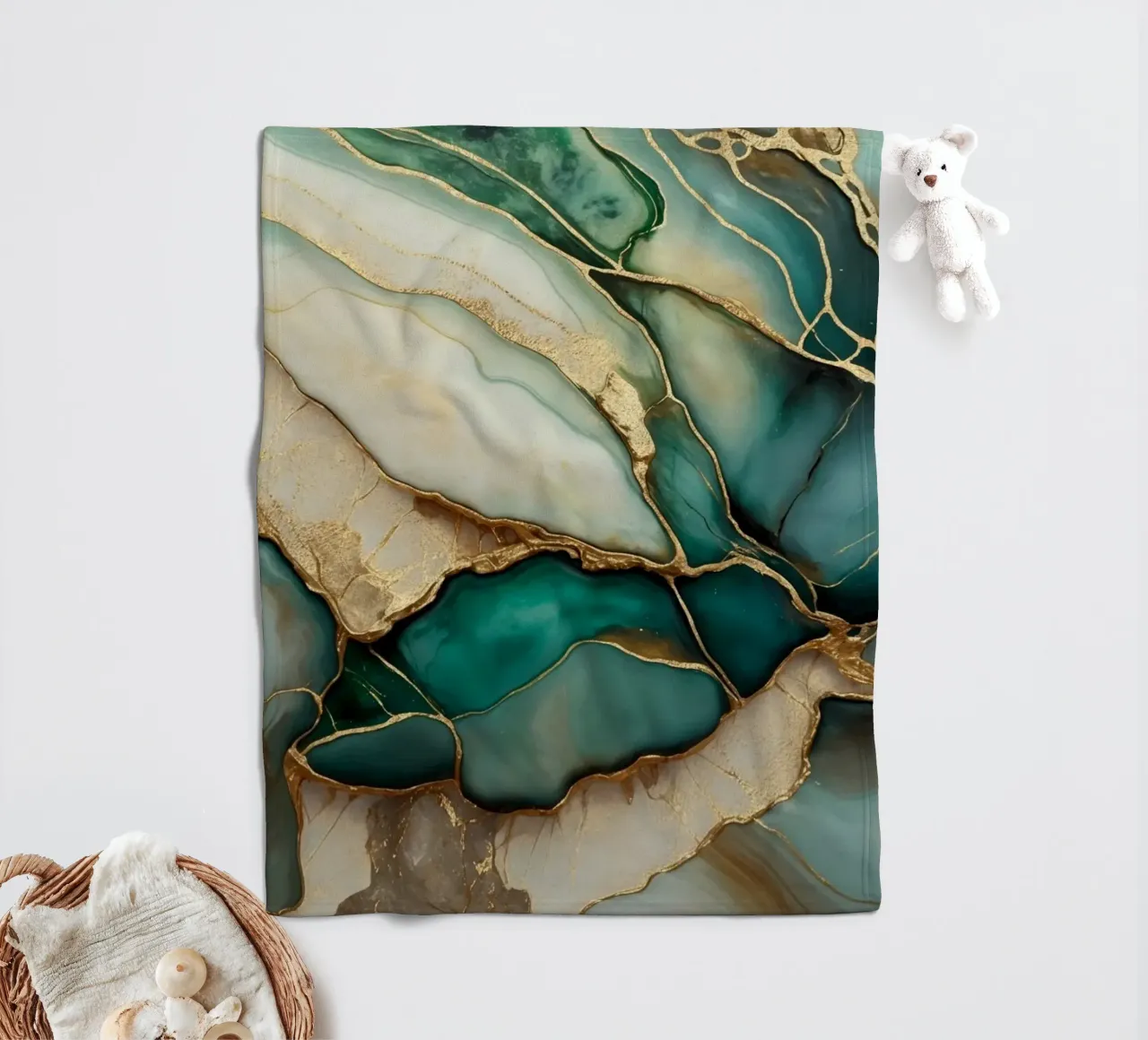 Teal Gold Emerald Jade Marble Elegance fleece blanket by Andrea Haase Modern Home