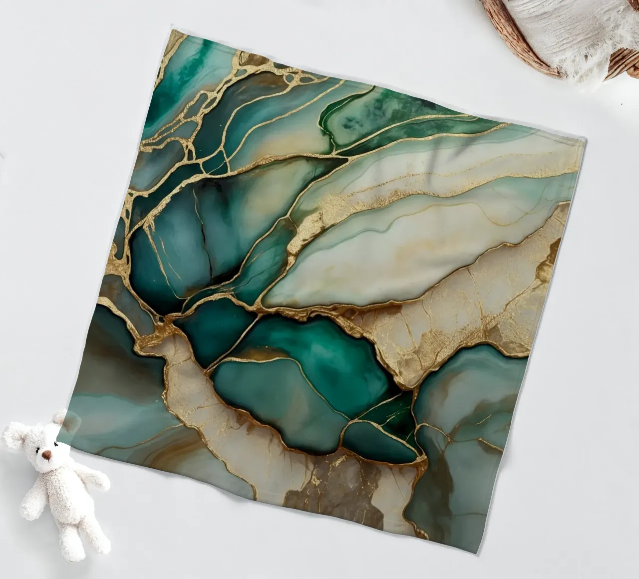 Teal Gold Emerald Jade Marble Elegance fleece blanket by Andrea Haase Modern Home