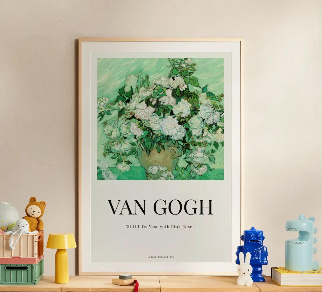 van Gogh - Still Life: Vase with Pink Roses poster con telaio in plastica da ARTOTHEK