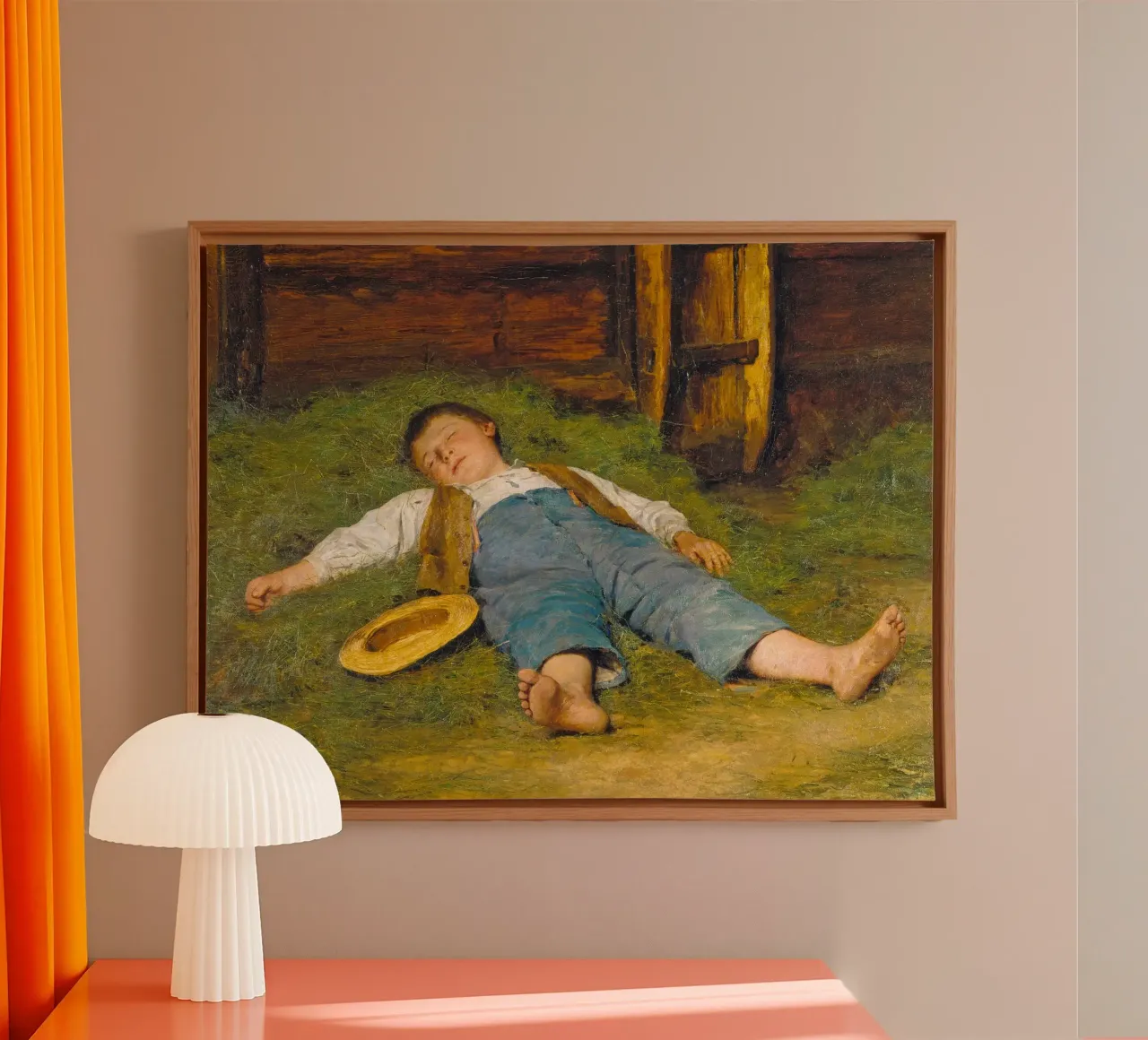 Albert Anker - Sleeping boy in the hay canvas with Floater frame by ARTOTHEK