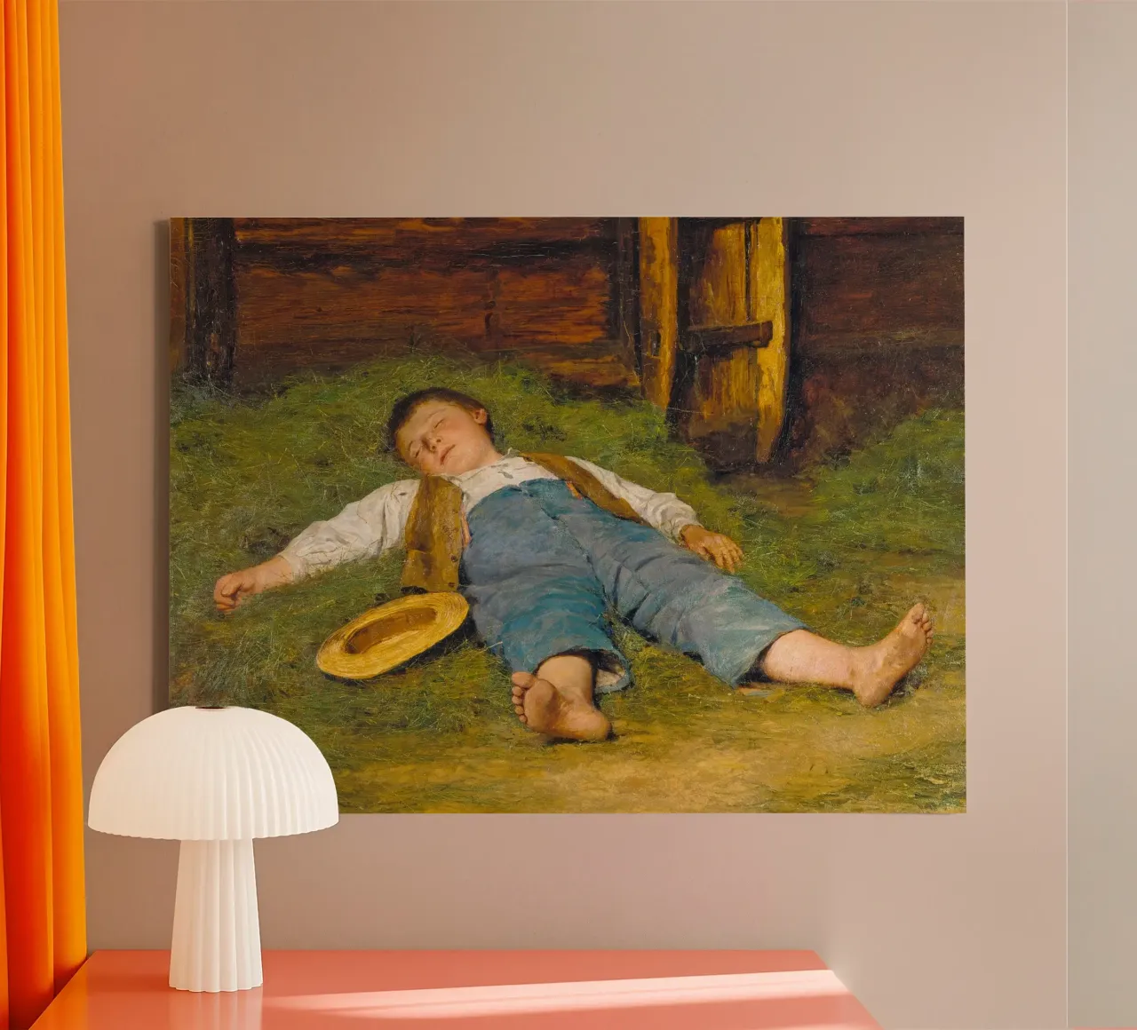 Albert Anker - Sleeping boy in the hay canvas with Floater frame by ARTOTHEK