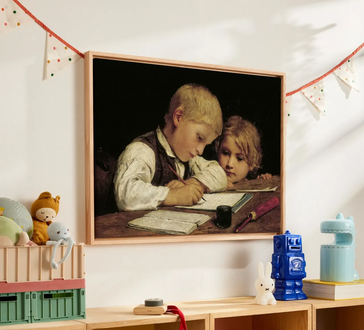 Albert Anker - Un ragazzo che scrive tela con Cornice a cassetta da ARTOTHEK