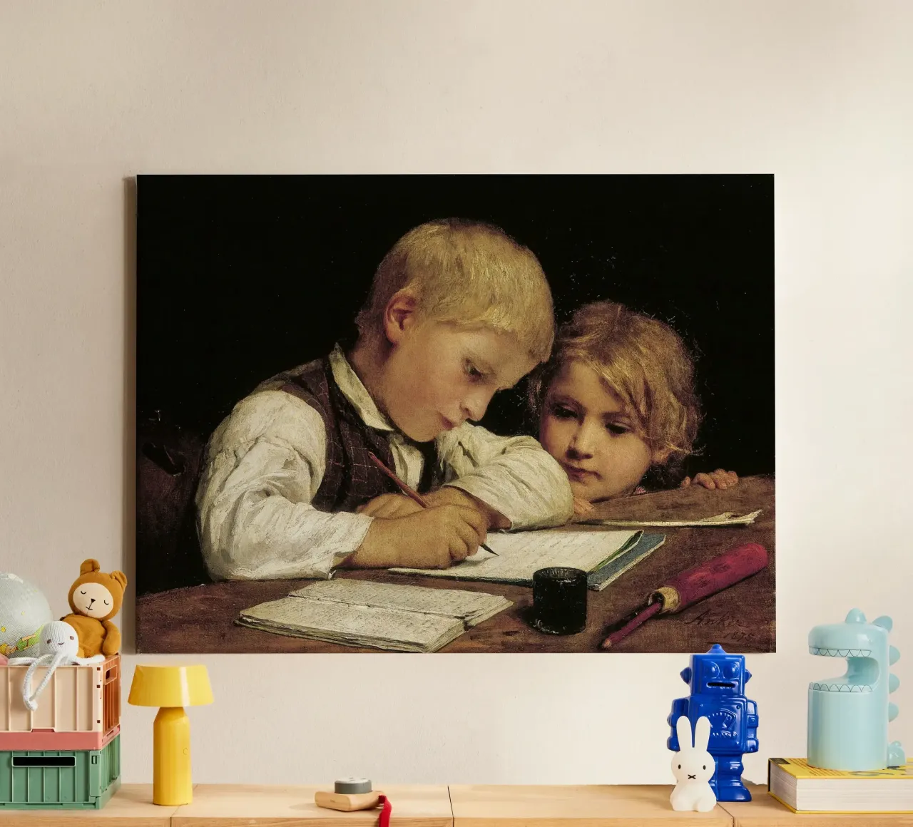Albert Anker - Un ragazzo che scrive tela con Cornice a cassetta da ARTOTHEK