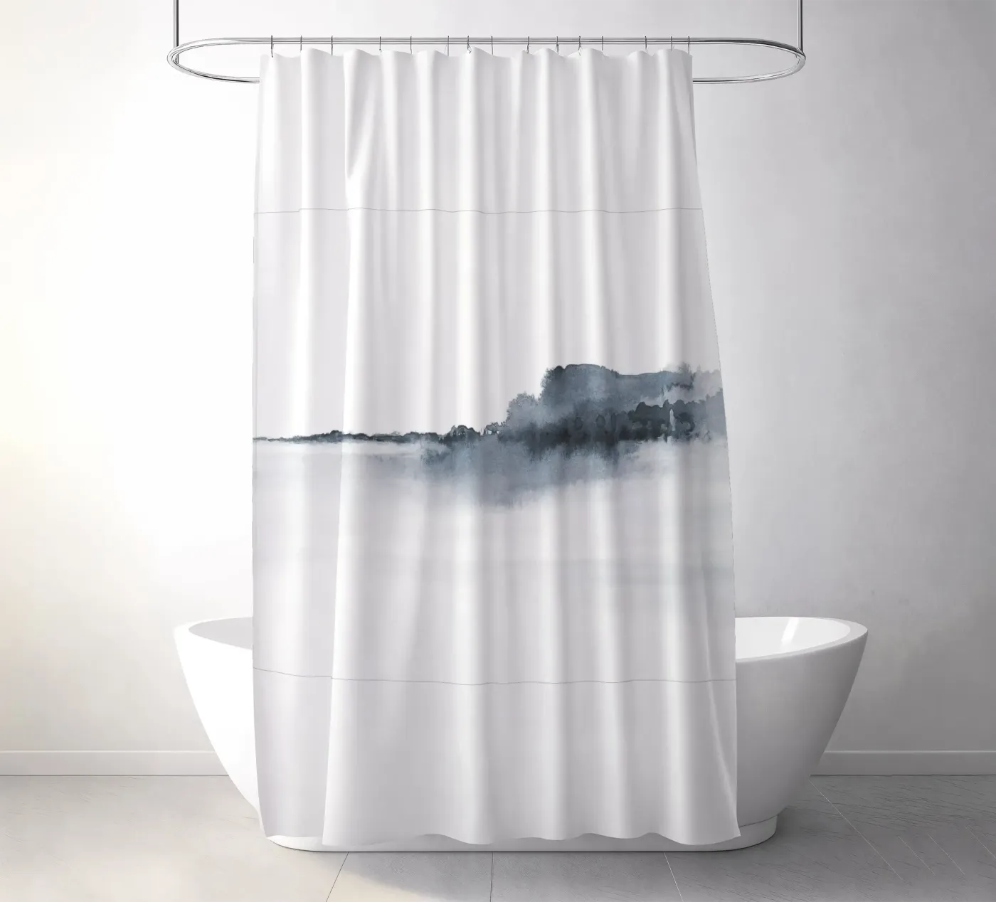 Abstract landscape in blue-grey shower curtain by NouveauPrints