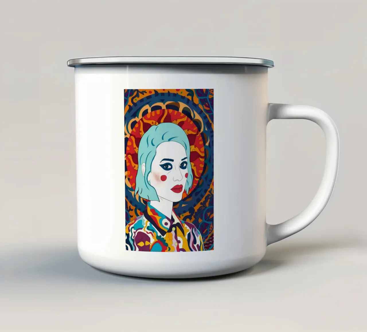 Kaleidoscopic Portrait enamel mug by Ivory Frame