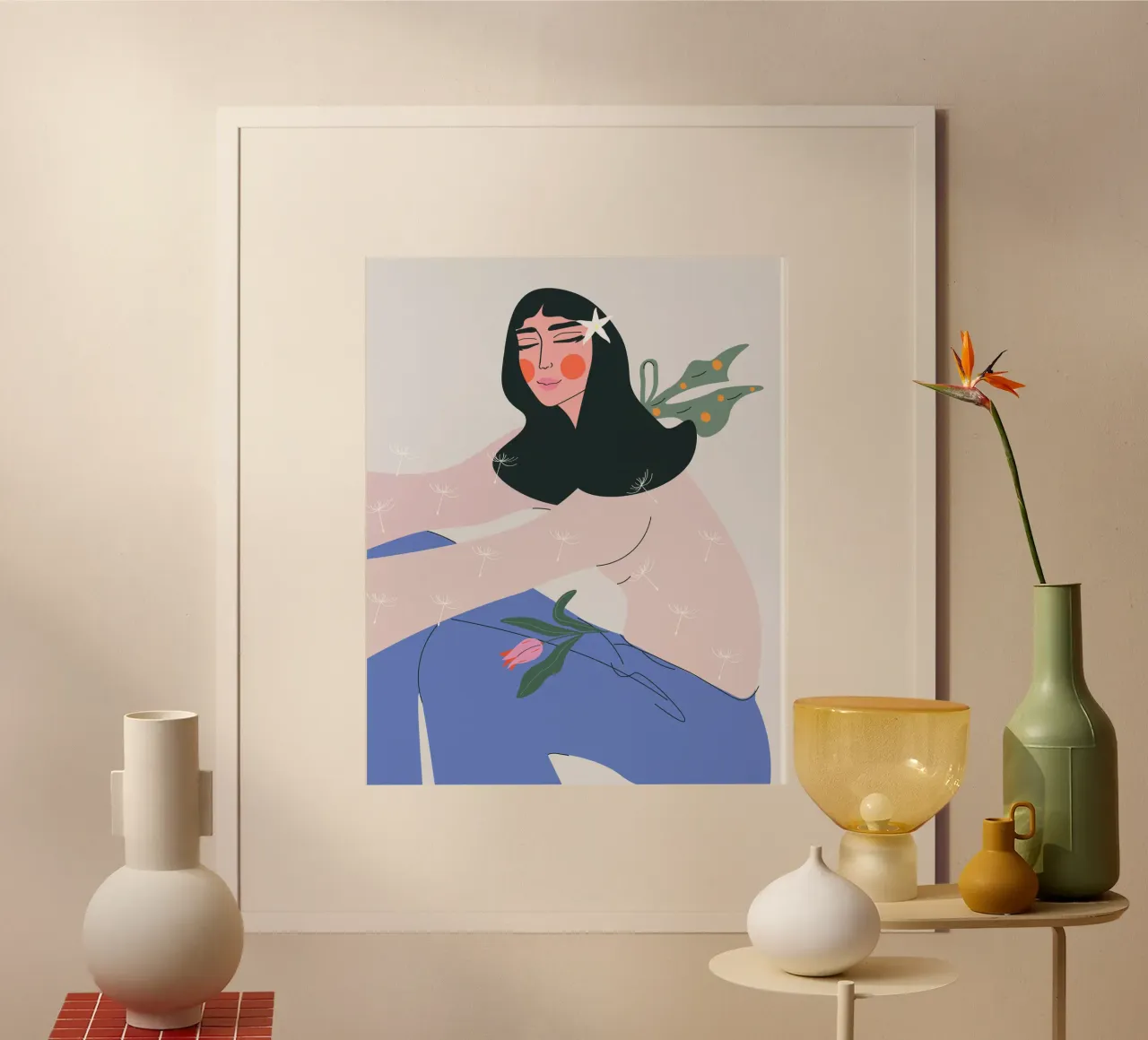 Donna che si gode il momento presente - Arte murale femminile moderna poster con telaio in legno da Silvie Illustration