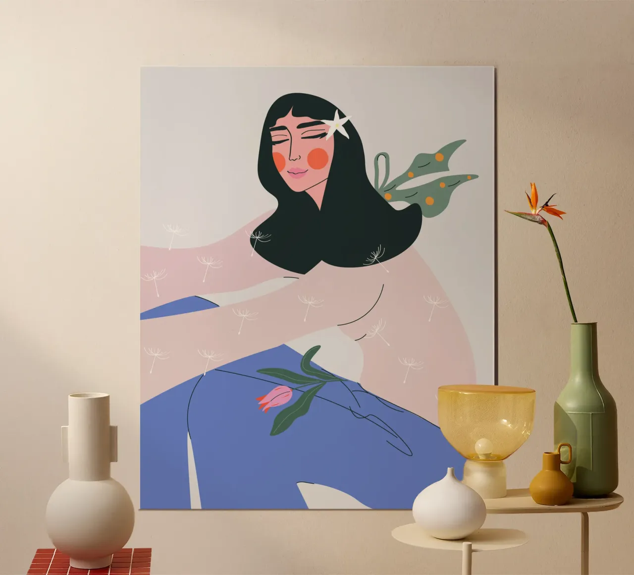 Donna che si gode il momento presente - Arte murale femminile moderna poster con telaio in legno da Silvie Illustration