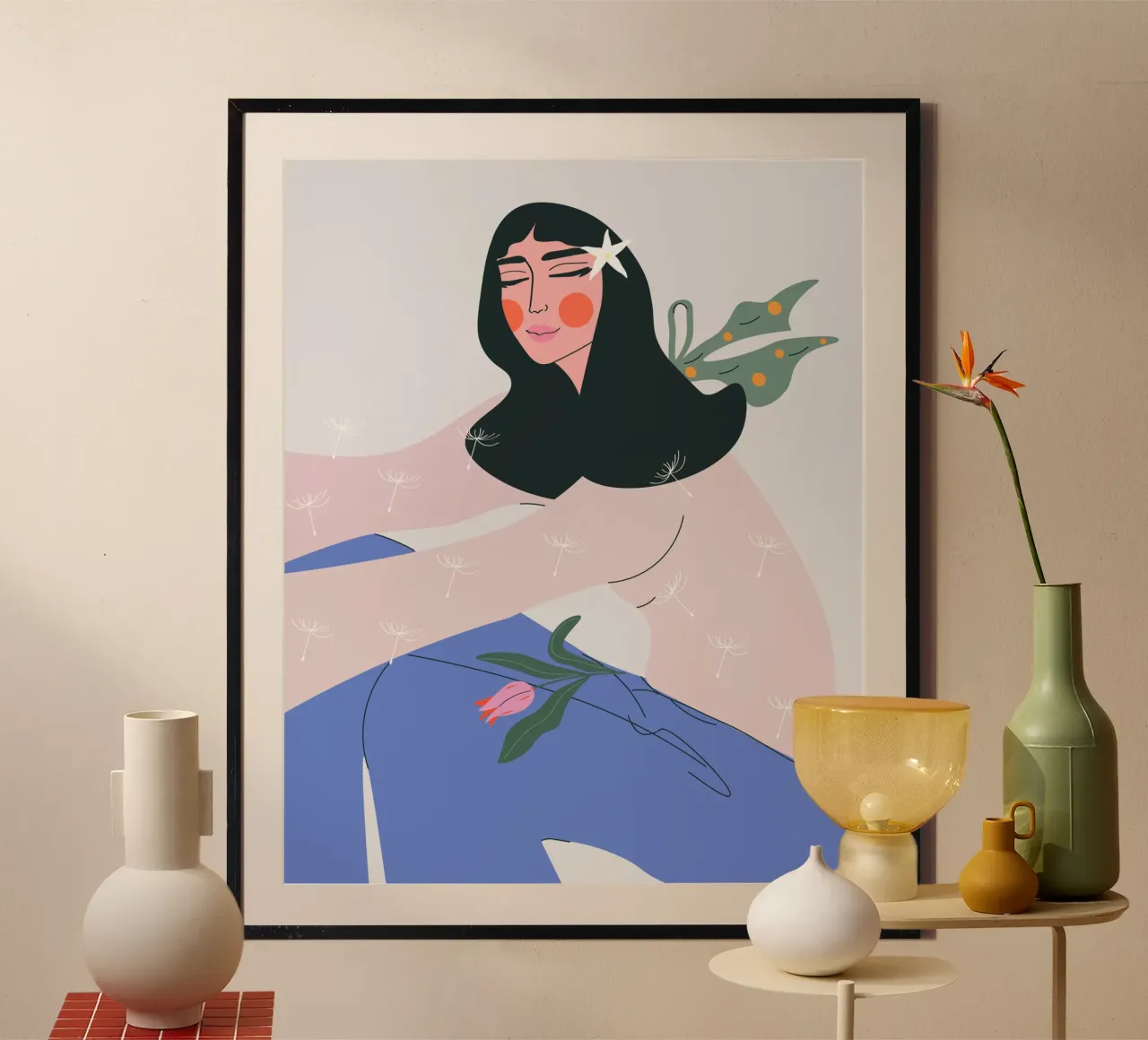 Donna che si gode il momento presente - Arte murale femminile moderna poster con telaio in legno da Silvie Illustration