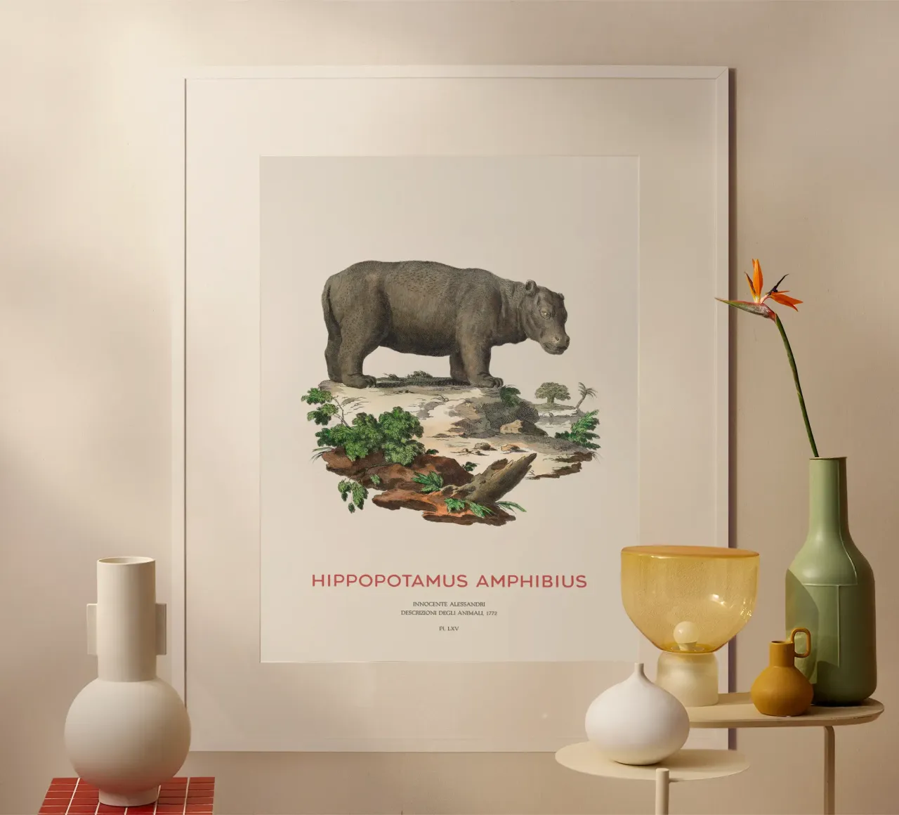 Ippopotamo Incisione minimalista poster con telaio in alluminio da Vintagrafica