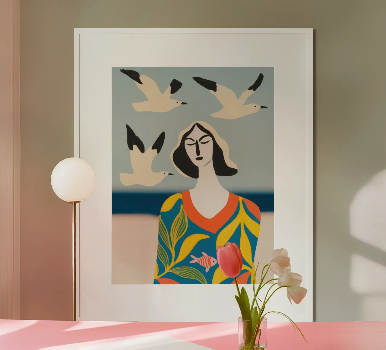 Tres gaviotas, una mujer y un pez | Pintura marítima poster de Autofocus