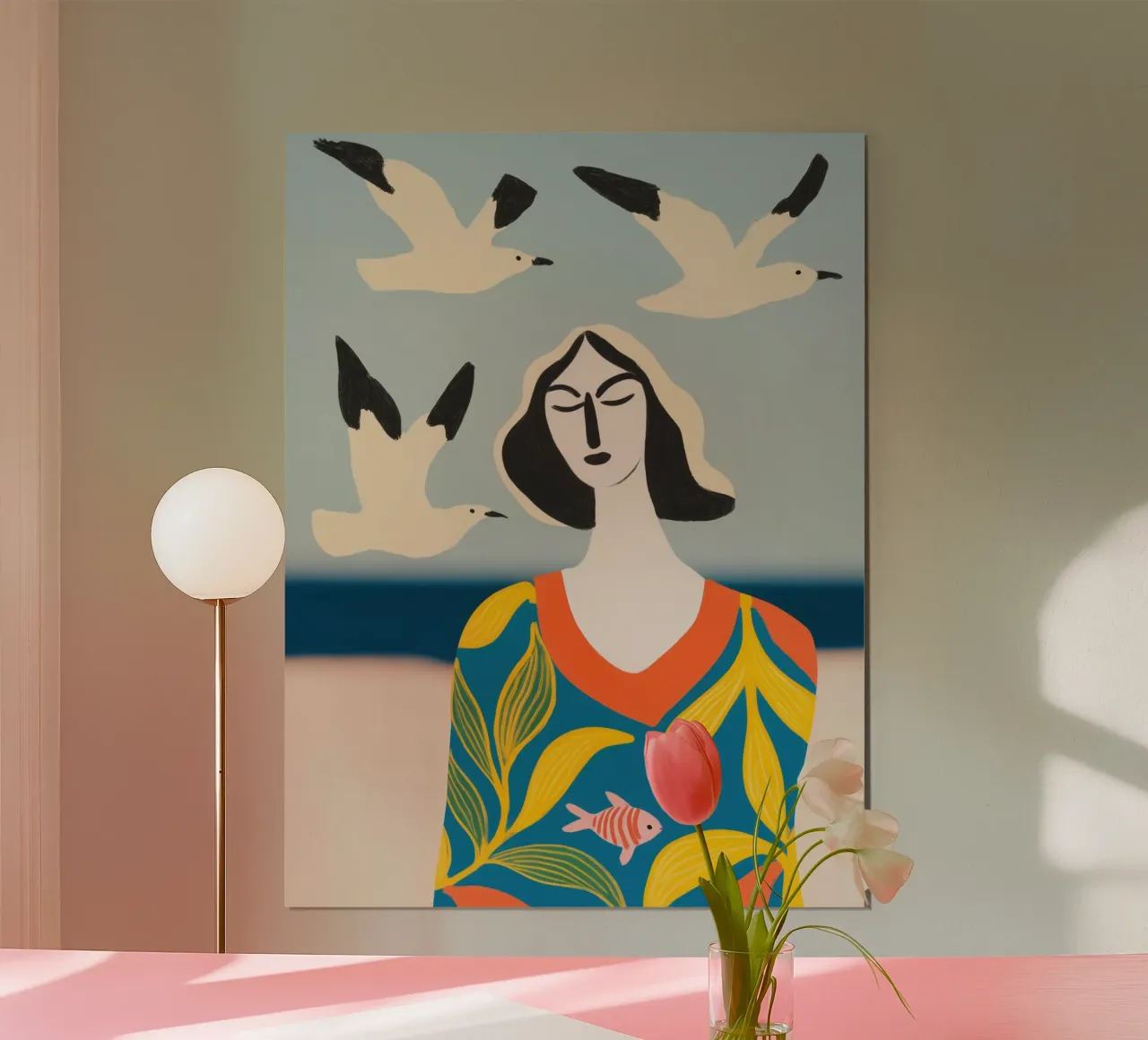 Tres gaviotas, una mujer y un pez | Pintura marítima poster de Autofocus