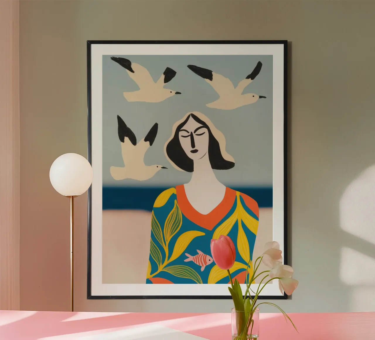 Tres gaviotas, una mujer y un pez | Pintura marítima poster de Autofocus