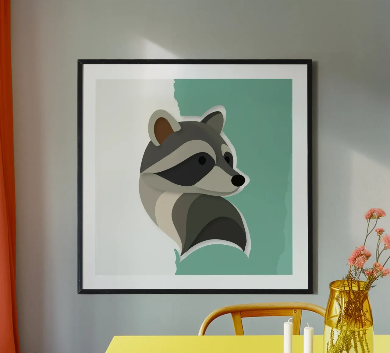 Procione giocoso in stile carta - simpatico motivo animale poster con telaio in plastica da namosh