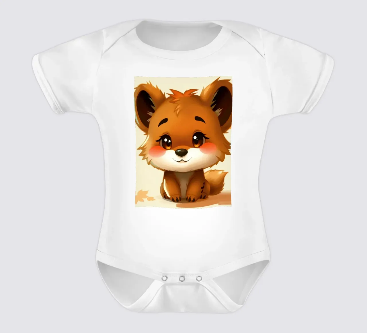Cute cartoon fox character with big eyes and cheerful short-sleeve baby romper by DesignDoodle