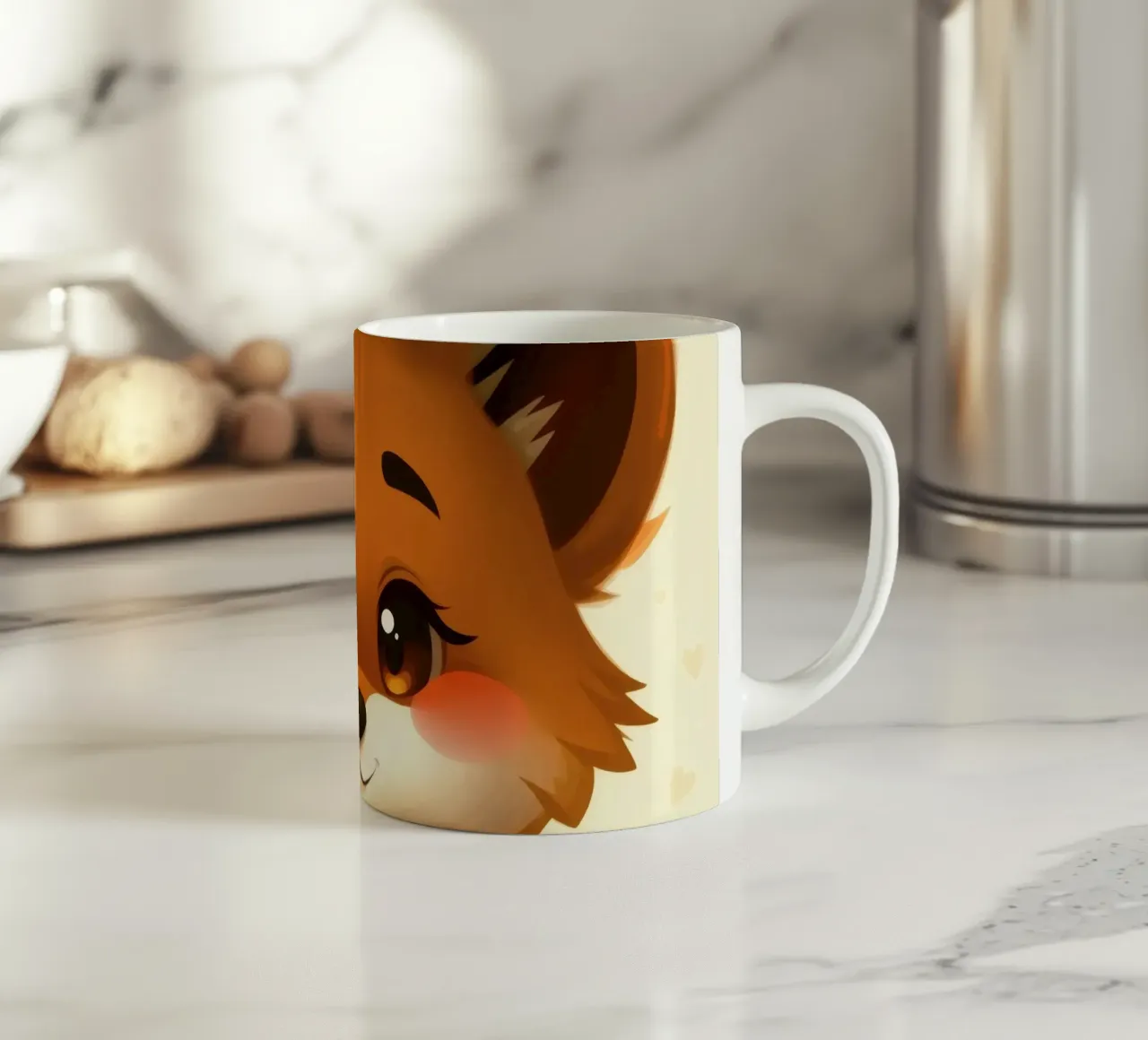 Simpatico personaggio di volpe dei cartoni animati con grandi occhi e allegria tazza in ceramica da DesignDoodle