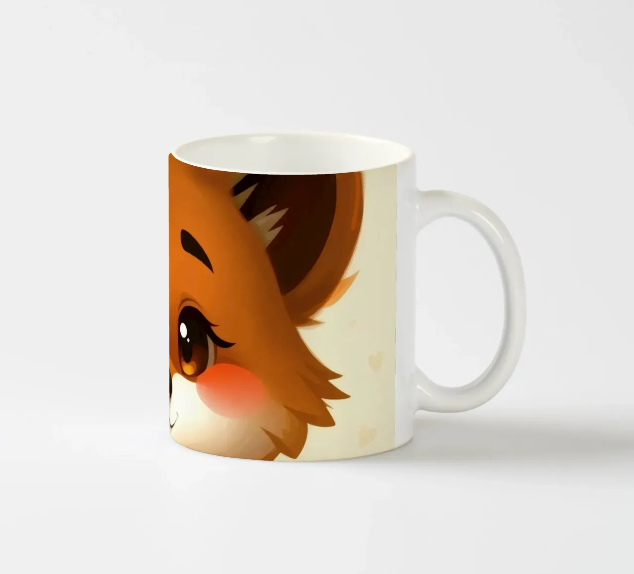 Simpatico personaggio di volpe dei cartoni animati con grandi occhi e allegria tazza in ceramica da DesignDoodle