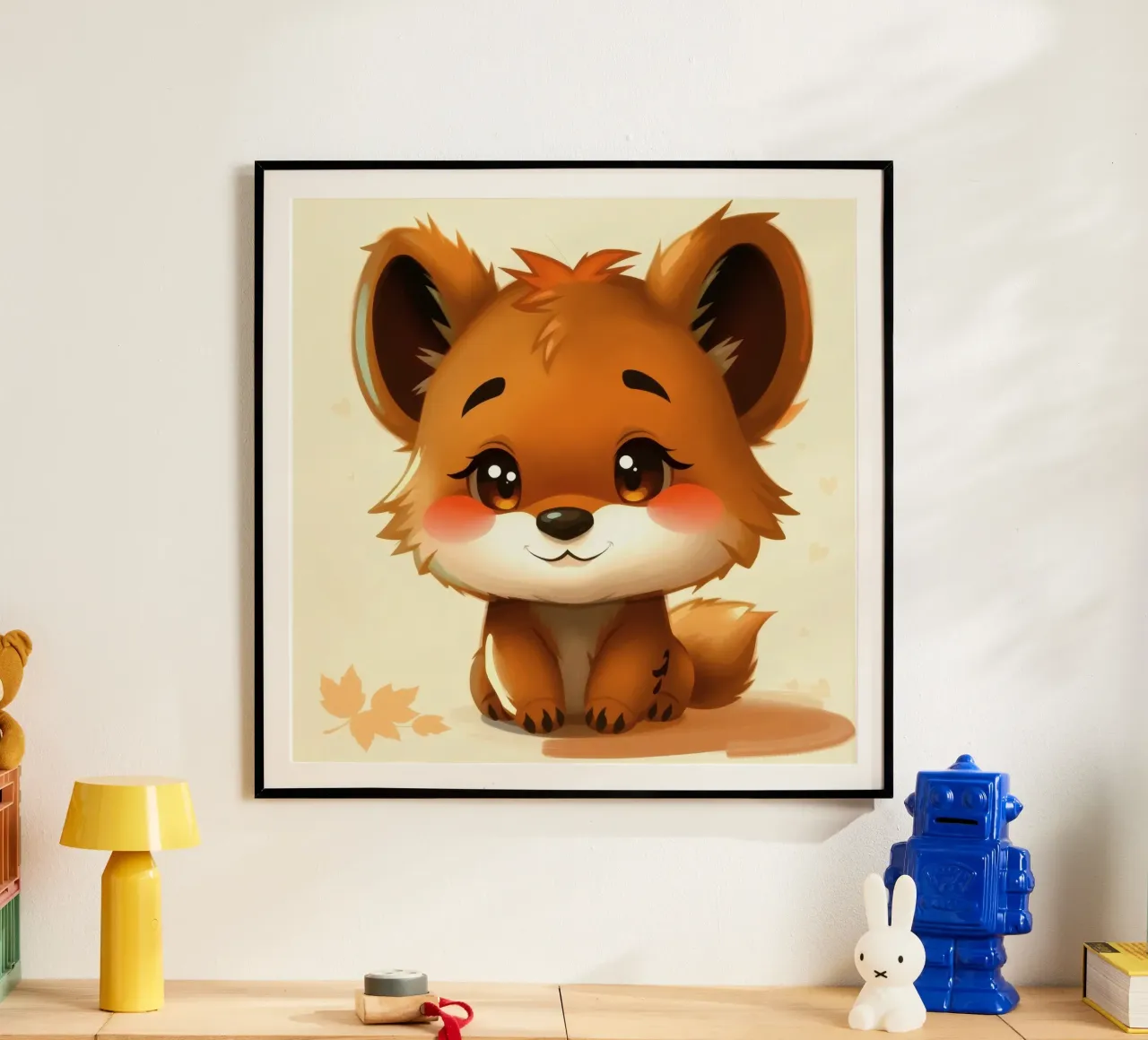 Simpatico personaggio di volpe dei cartoni animati con grandi occhi e allegria poster con telaio in plastica da DesignDoodle