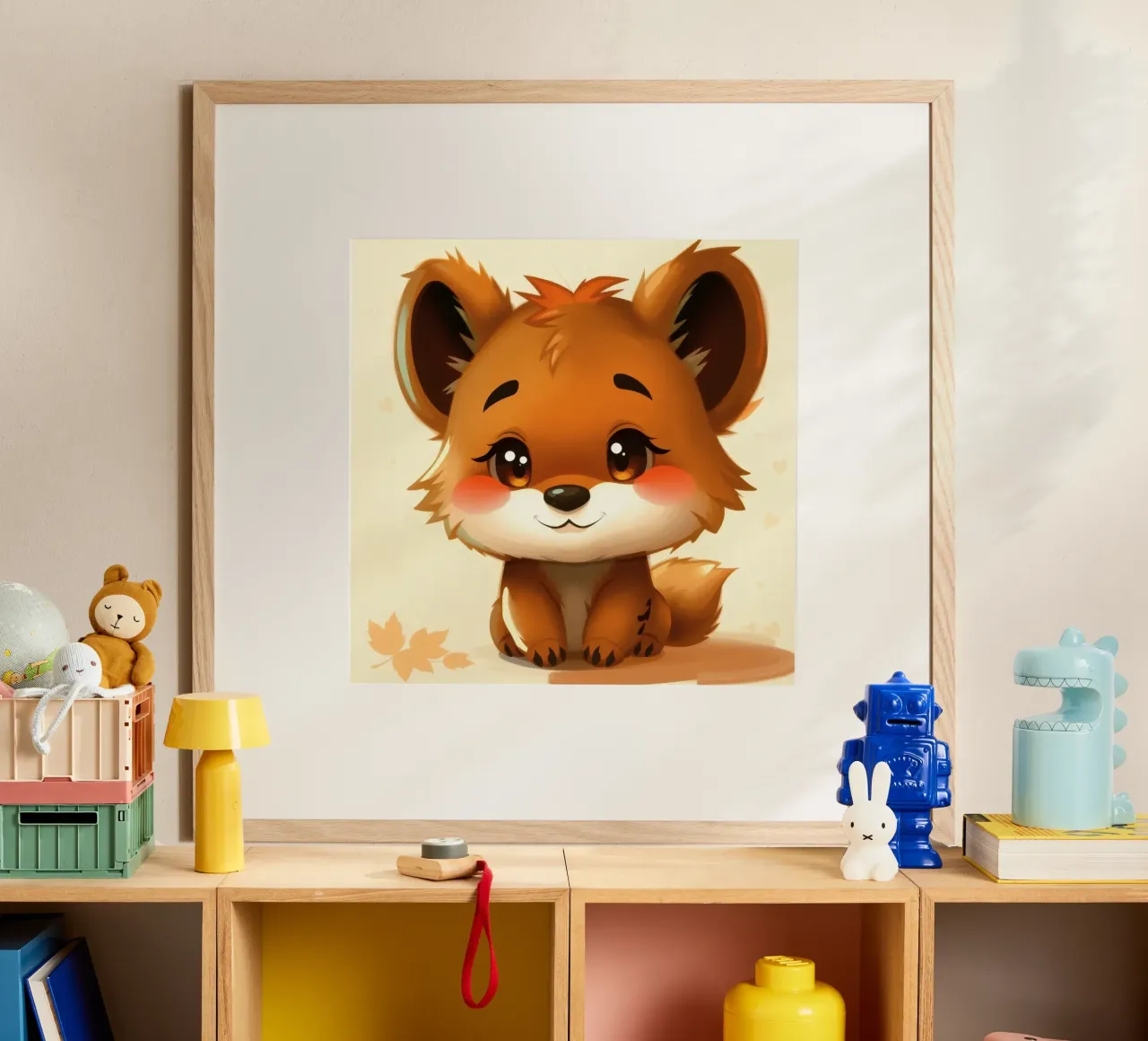 Simpatico personaggio di volpe dei cartoni animati con grandi occhi e allegria poster con telaio in plastica da DesignDoodle