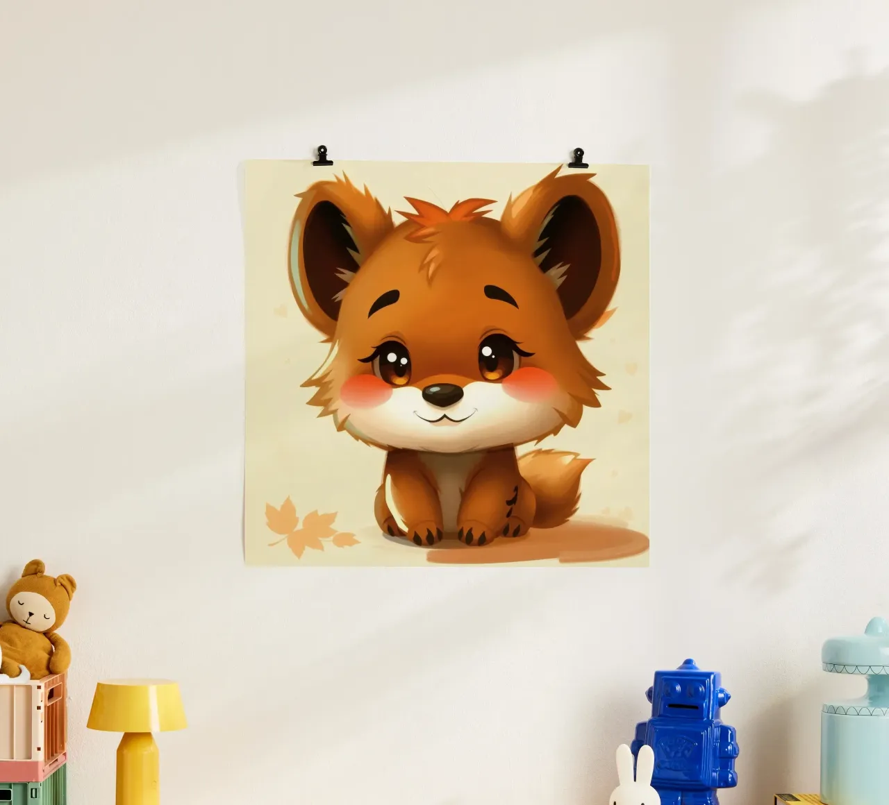 Simpatico personaggio di volpe dei cartoni animati con grandi occhi e allegria poster con telaio in plastica da DesignDoodle