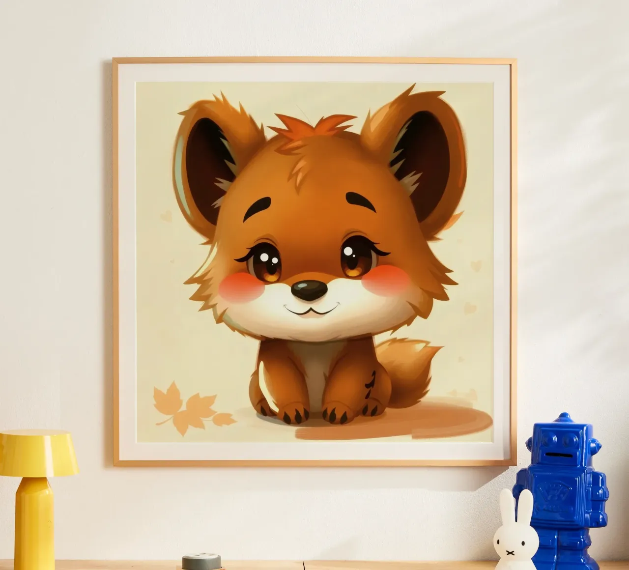 Simpatico personaggio di volpe dei cartoni animati con grandi occhi e allegria poster con telaio in plastica da DesignDoodle