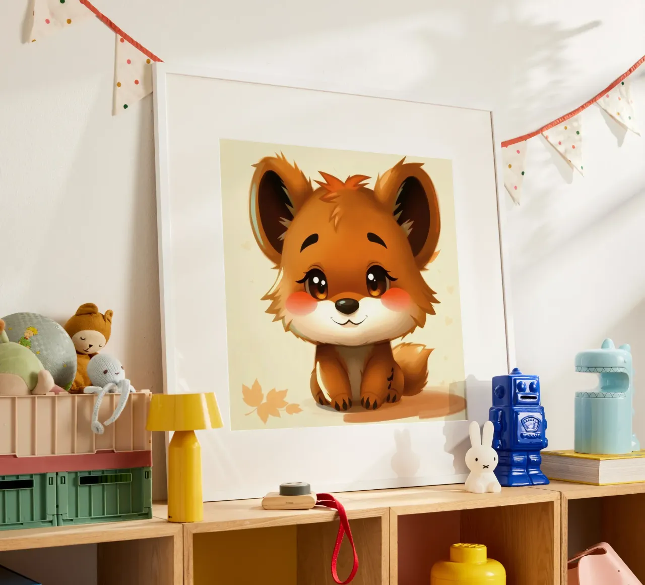 Simpatico personaggio di volpe dei cartoni animati con grandi occhi e allegria poster con telaio in plastica da DesignDoodle