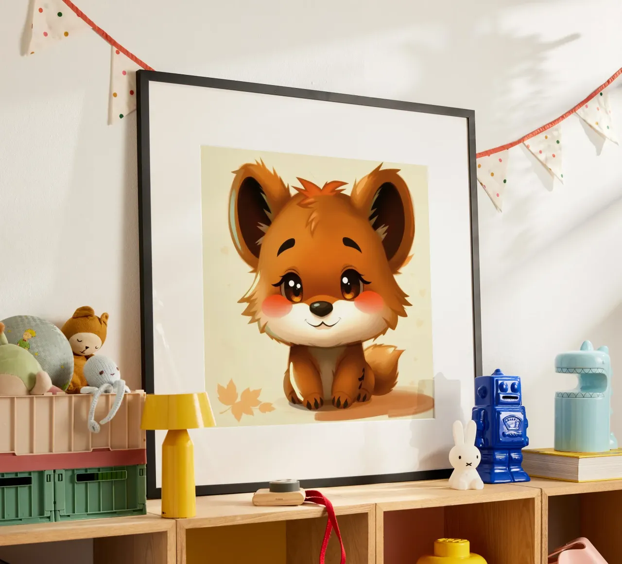 Simpatico personaggio di volpe dei cartoni animati con grandi occhi e allegria poster con telaio in plastica da DesignDoodle