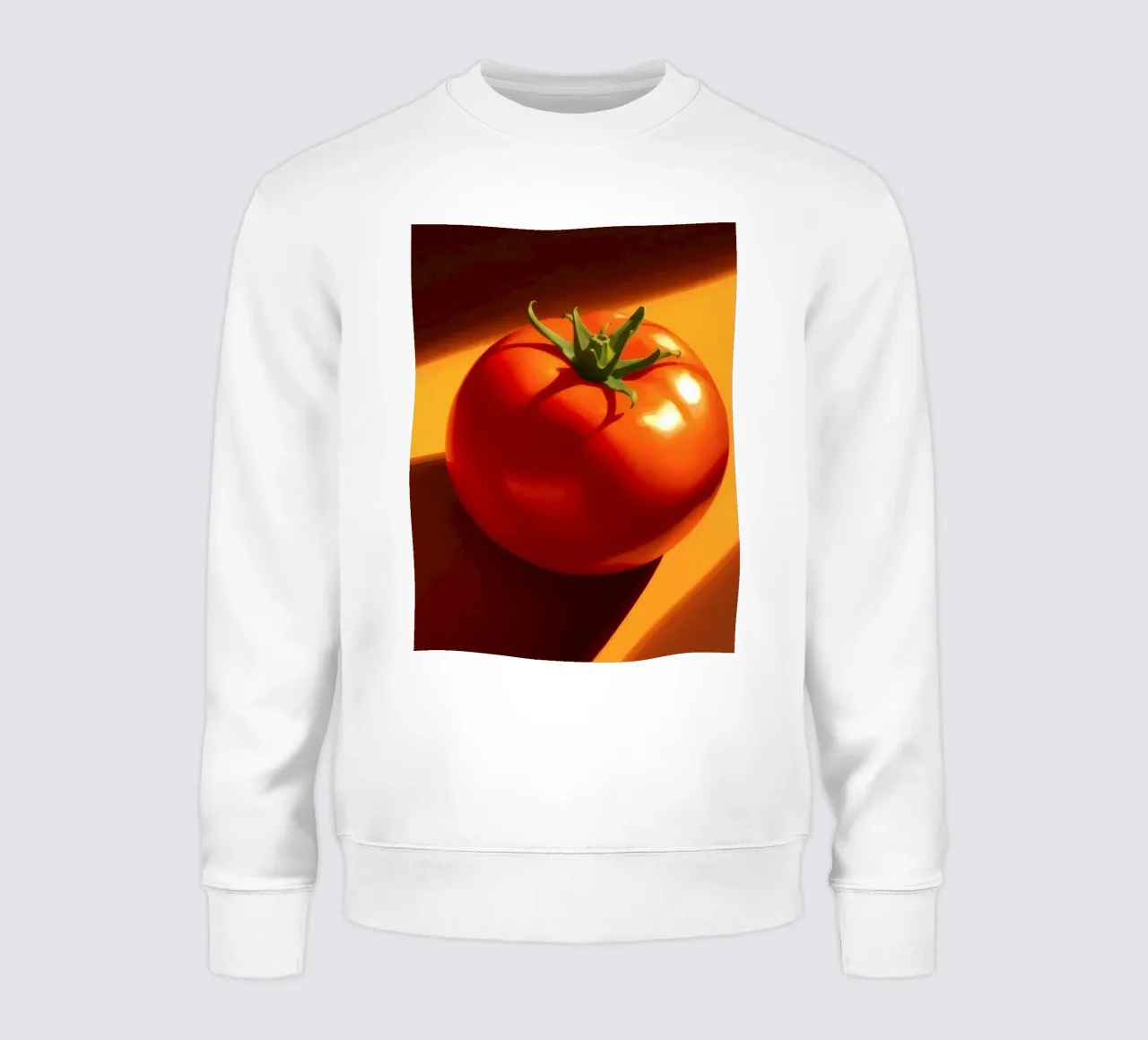 Pomodoro rosso brillante appoggiato su una calda superficie arancione felpa da DesignDoodle