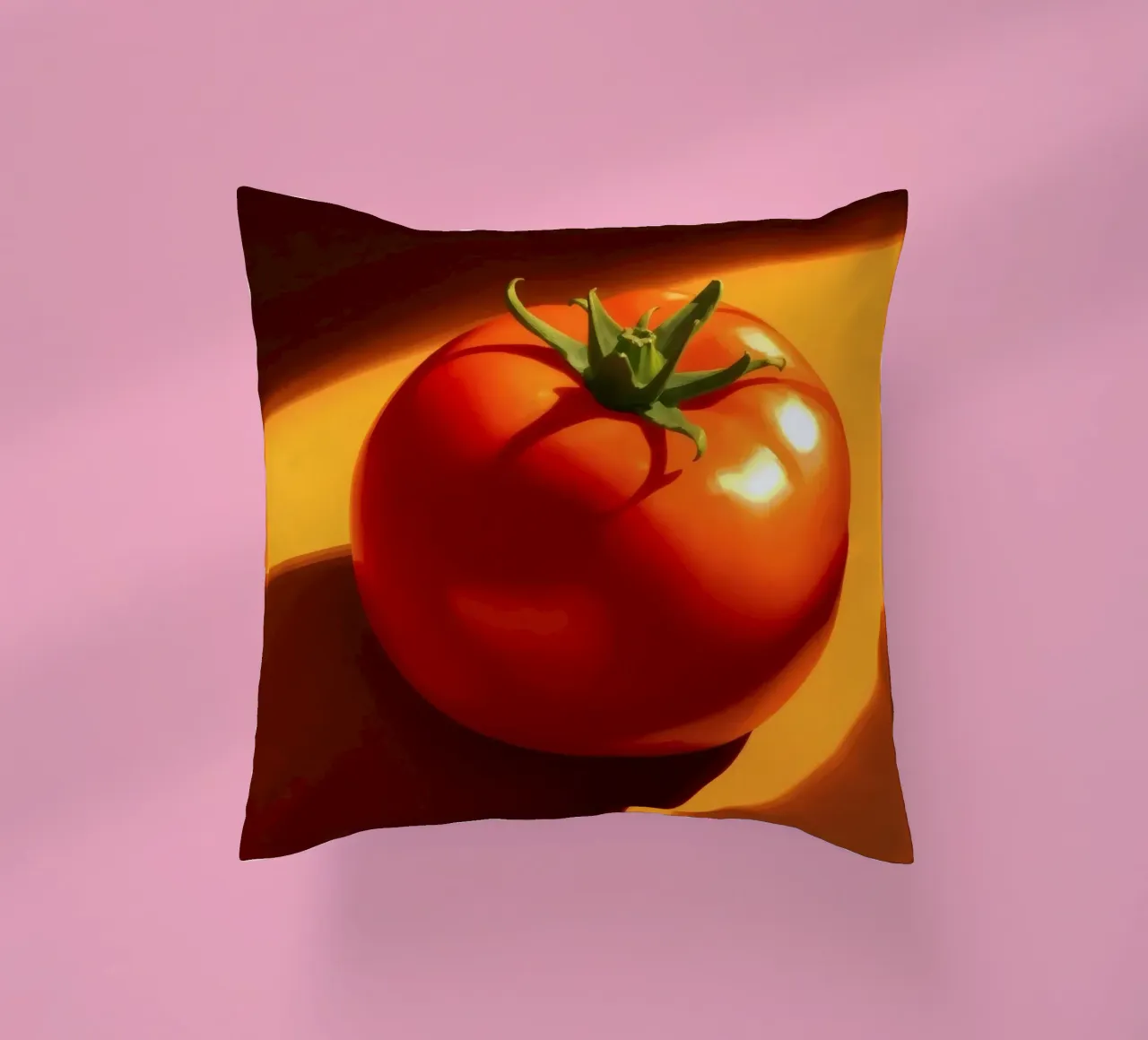 Bright red tomato resting on a warm orange surface decorative cushion by DesignDoodle