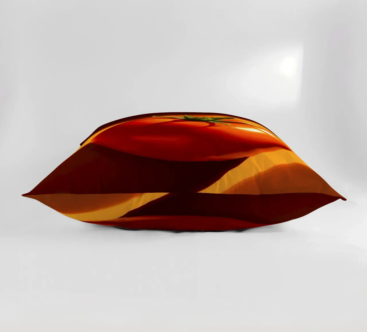 Bright red tomato resting on a warm orange surface decorative cushion by DesignDoodle