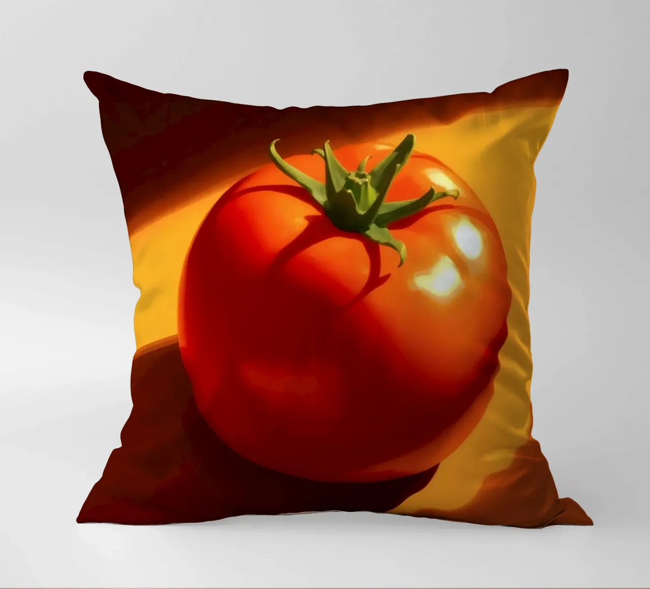 Bright red tomato resting on a warm orange surface decorative cushion by DesignDoodle