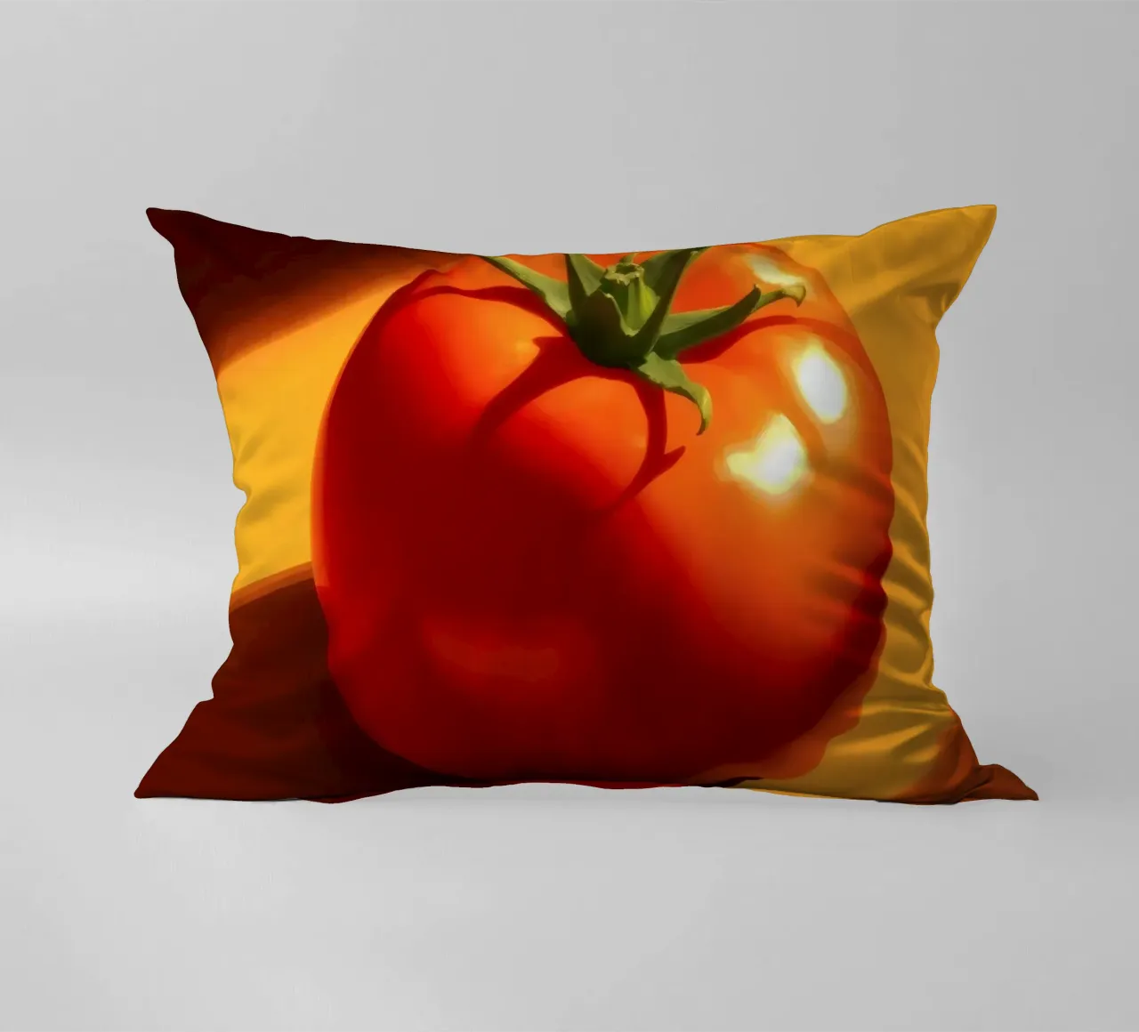 Bright red tomato resting on a warm orange surface decorative cushion by DesignDoodle