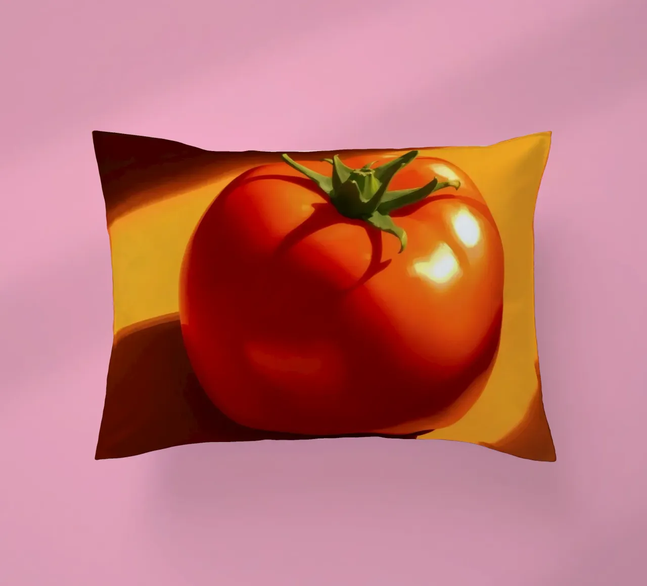 Bright red tomato resting on a warm orange surface decorative cushion by DesignDoodle