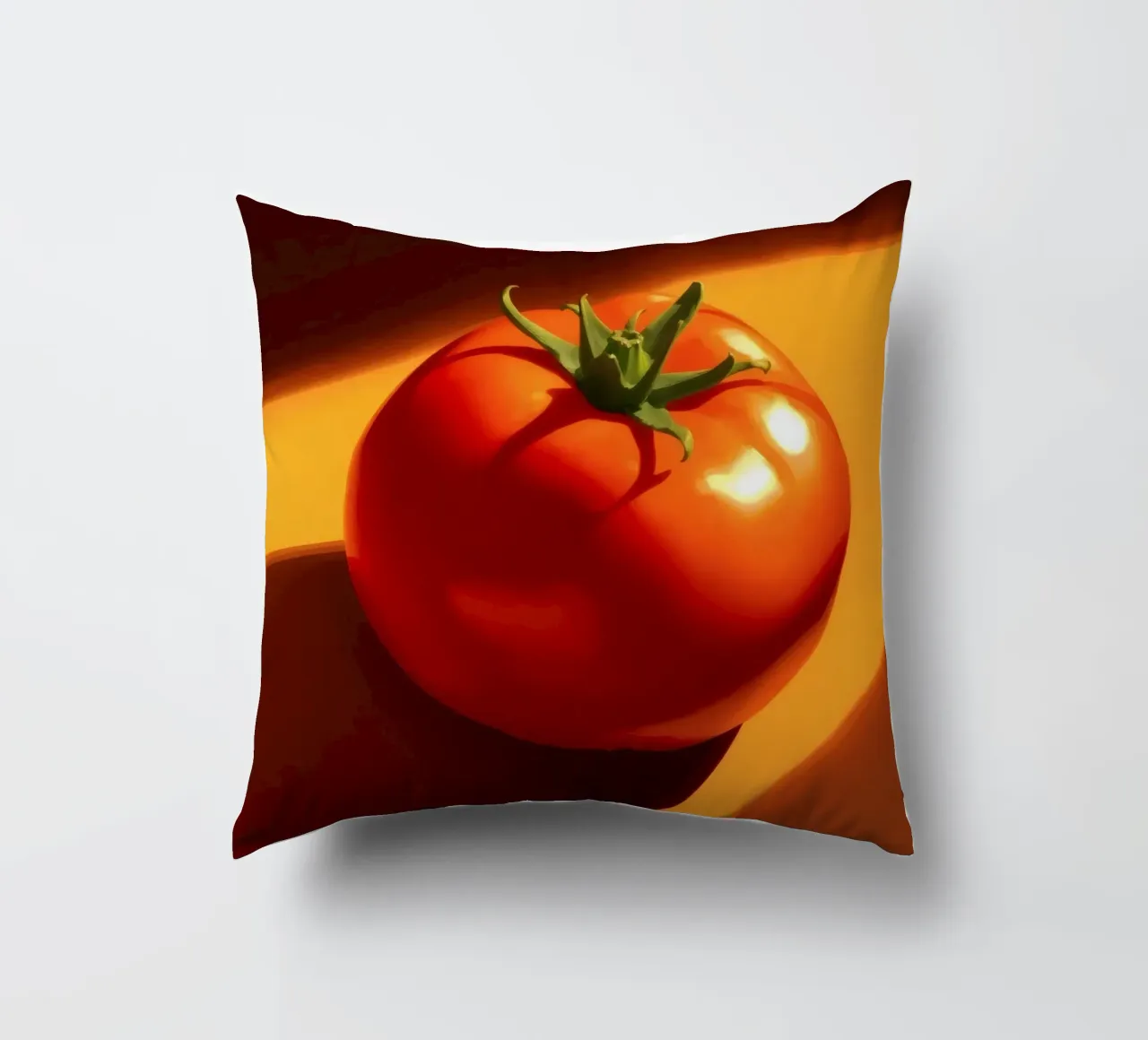 Bright red tomato resting on a warm orange surface decorative cushion by DesignDoodle