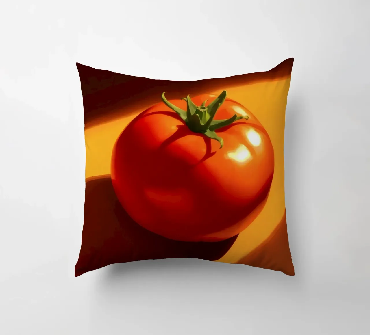 Bright red tomato resting on a warm orange surface decorative cushion by DesignDoodle