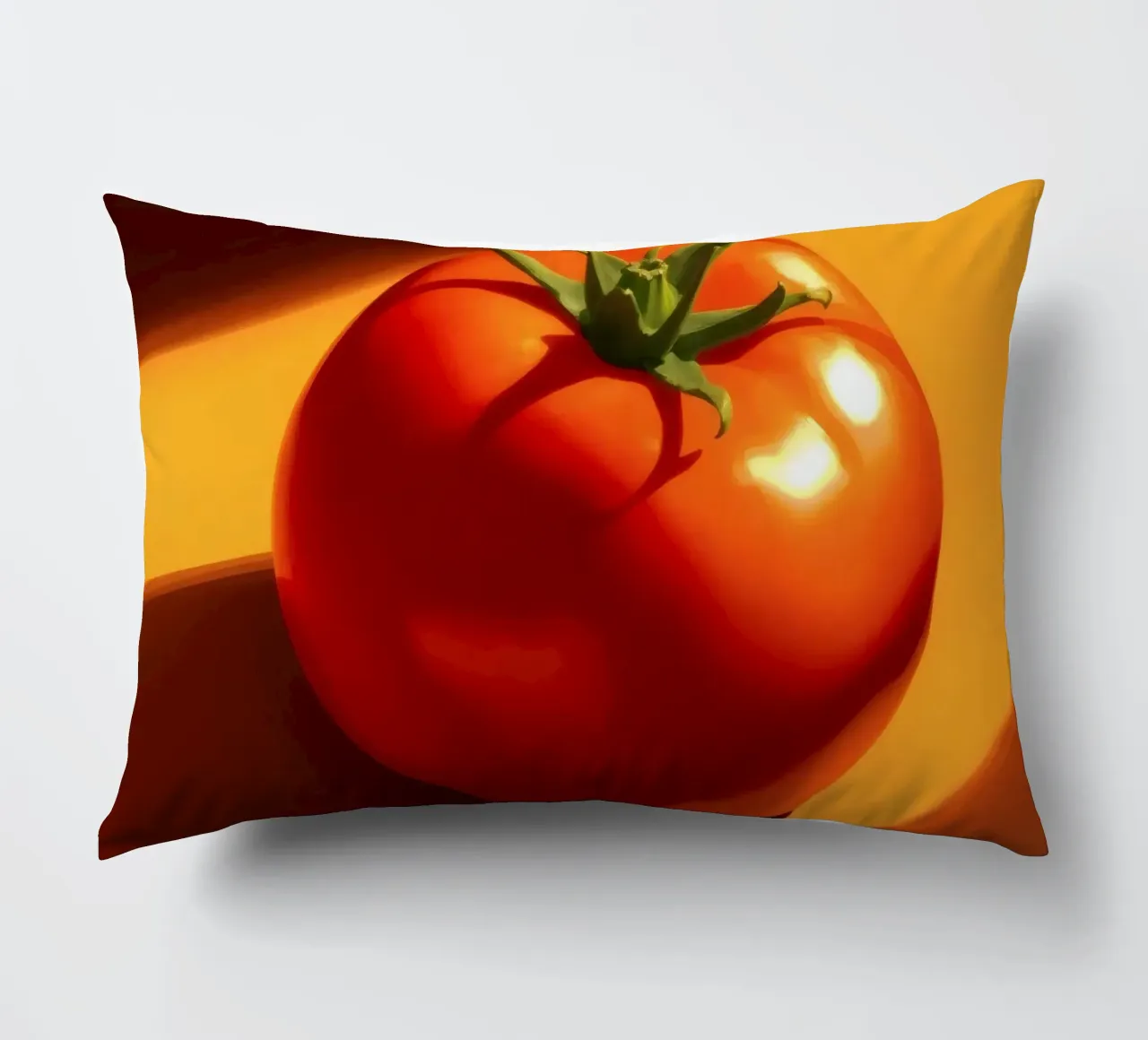 Bright red tomato resting on a warm orange surface decorative cushion by DesignDoodle