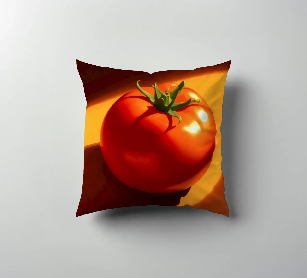 Bright red tomato resting on a warm orange surface decorative cushion by DesignDoodle