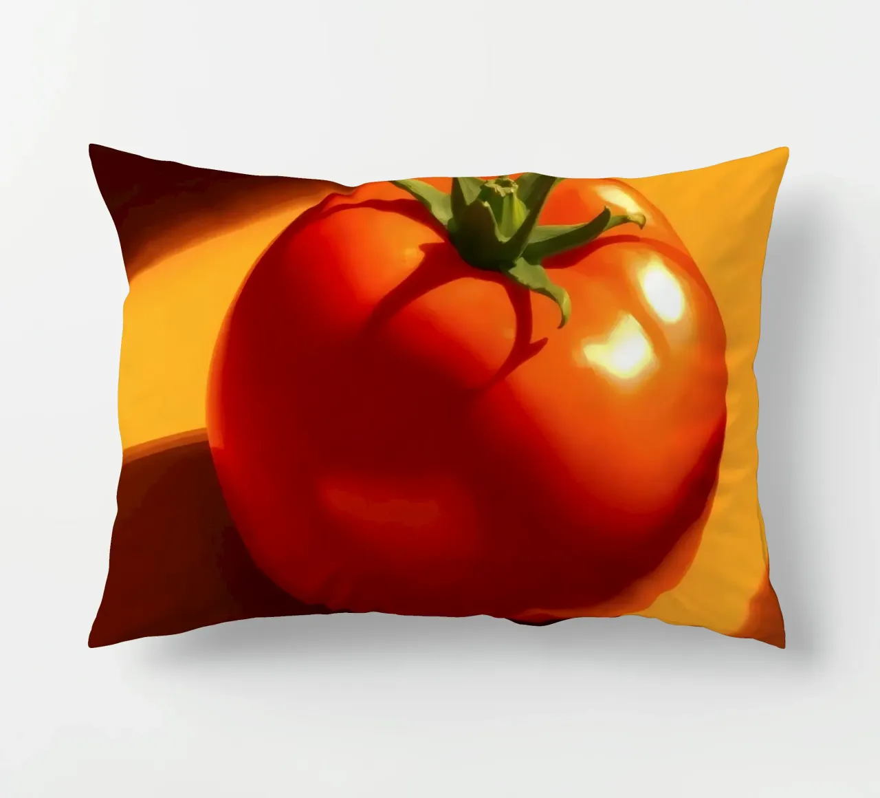 Bright red tomato resting on a warm orange surface decorative cushion by DesignDoodle