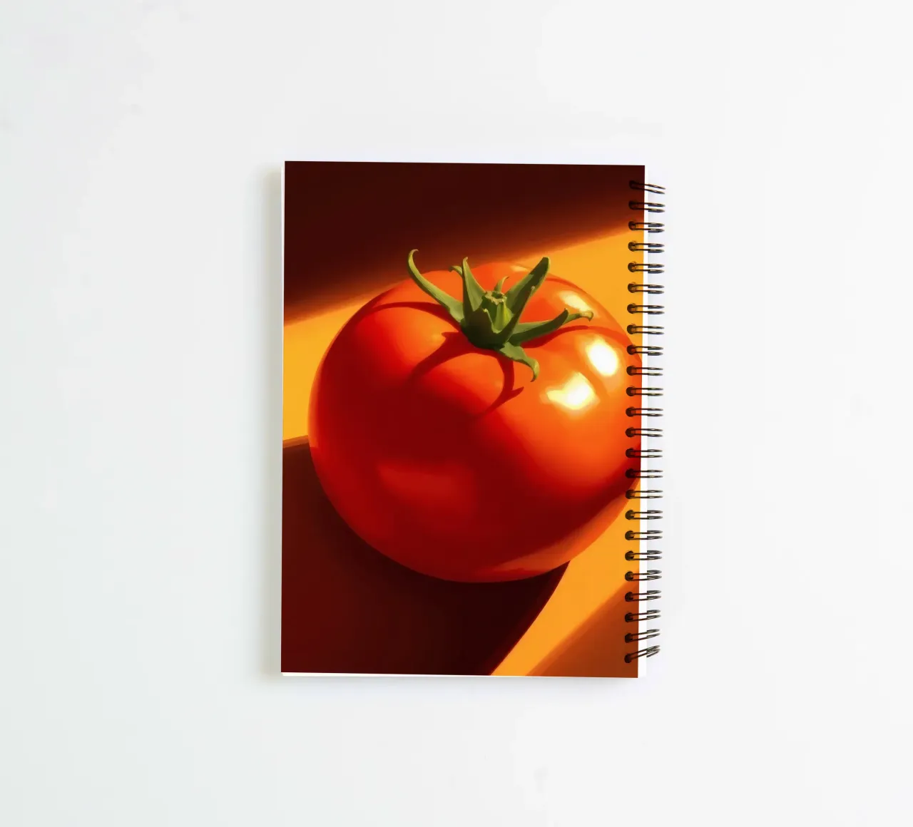 Bright red tomato resting on a warm orange surface spiral notebook by DesignDoodle