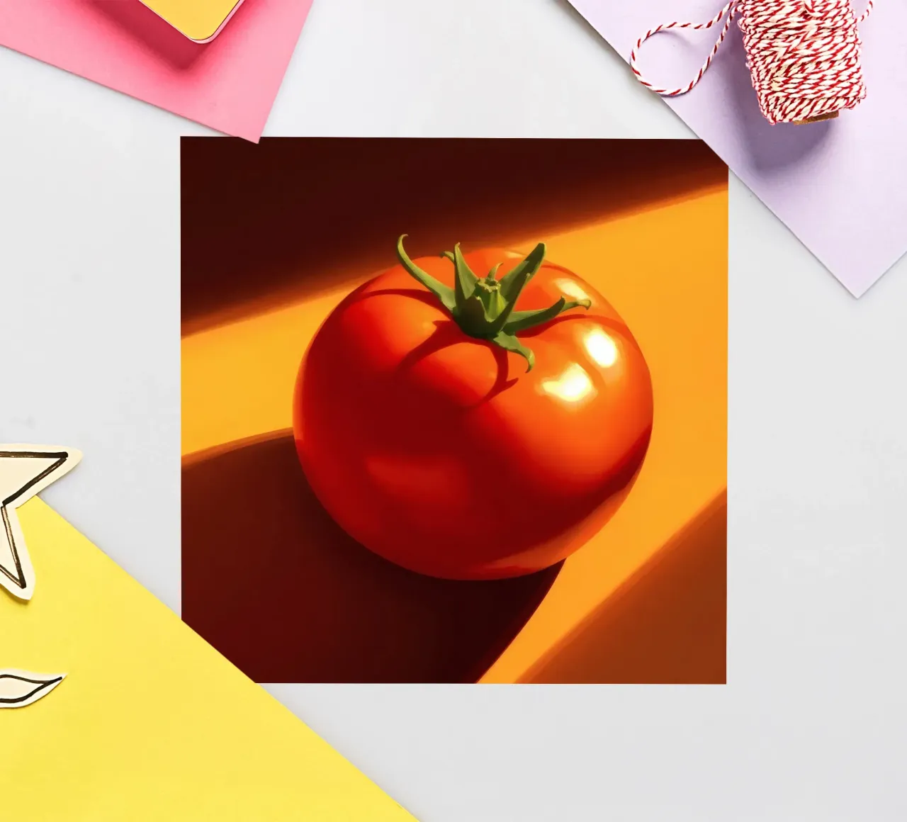 Tomate rouge vif reposant sur une surface orange chaude autocollant de DesignDoodle