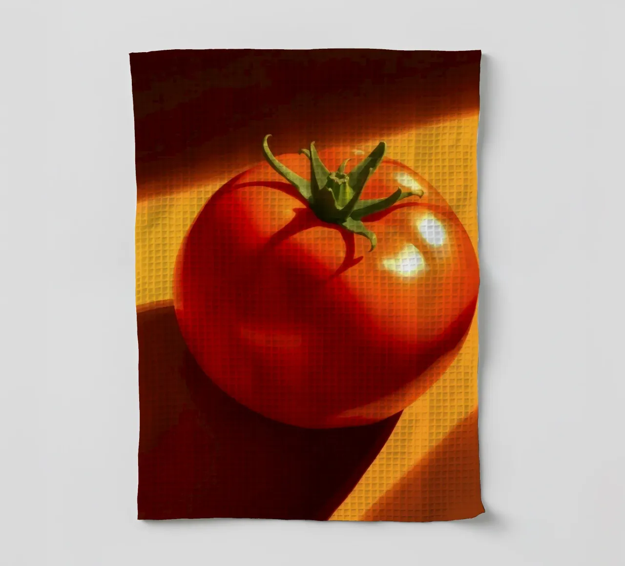 Tomate rouge vif reposant sur une surface orange chaude torchon de DesignDoodle