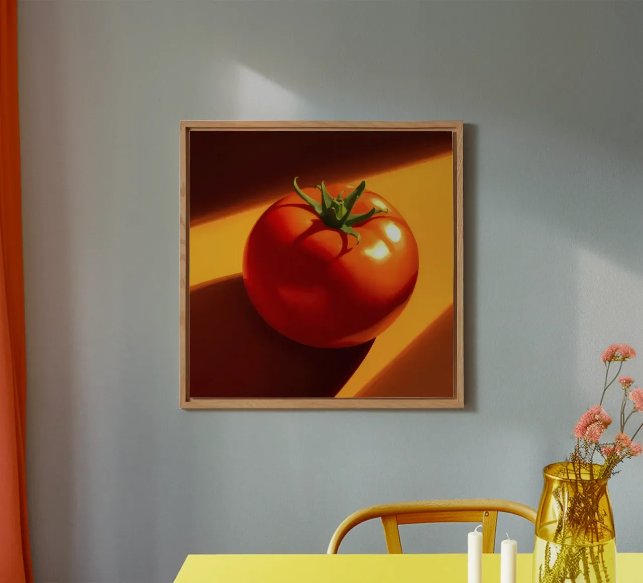 Bright red tomato resting on a warm orange surface alu-dibond by DesignDoodle