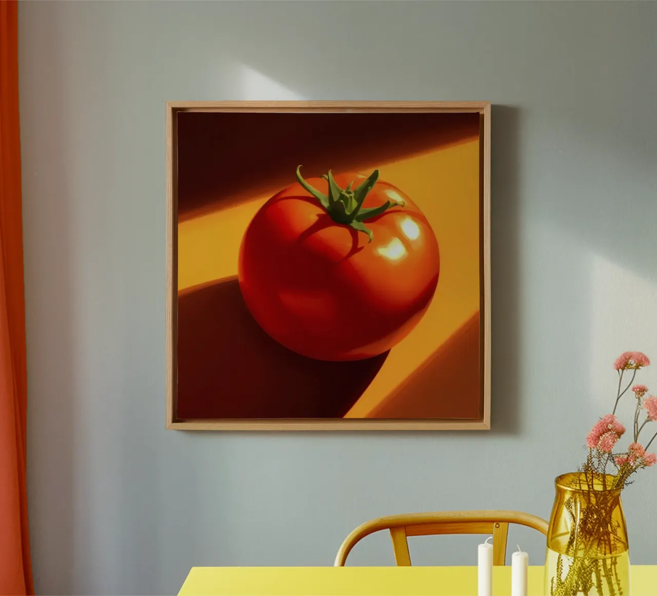 Tomate rouge vif reposant sur une surface orange chaude toile de DesignDoodle